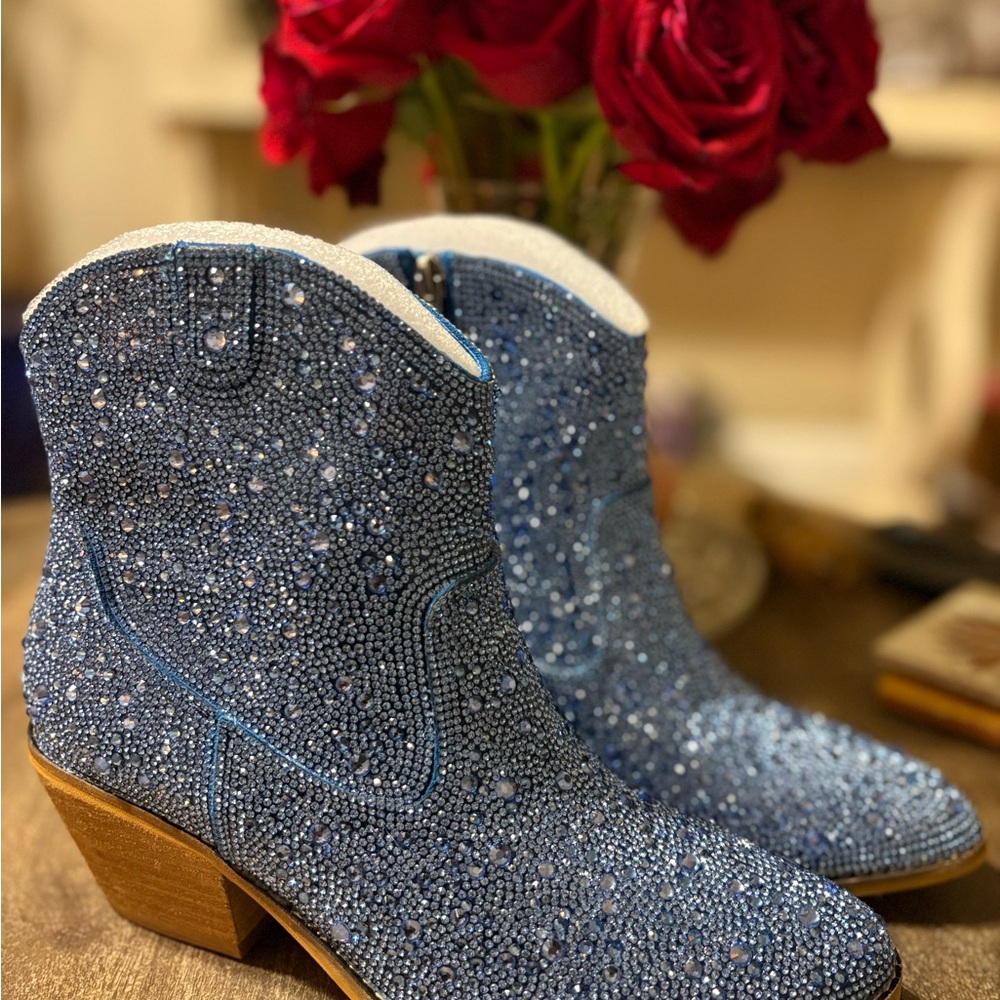 Blue Rhinestone Western Ankle Boots